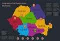 Infographics Romania map, flat design colors, names of individual administrative division, blue background with orange points Royalty Free Stock Photo