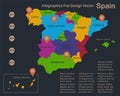 Infographics Spain map, flat design colors, with names of individual regions, blue background with orange points