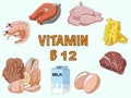 Infographics Vitamin B12. Products containing vitamin. Symptoms of deficiency. Vector medical poster.