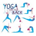 Infographics with yoga poses and young girl as an exercise concept against back pain, flat vector stock illustration with a set of