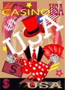 Casino background with skull, dices and cards. Red and pink color. Royalty Free Stock Photo