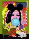 Sexy girl with mouse ears and chewing gum, pop art background gren