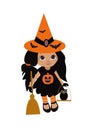 Cute witch little girl icon with broom and owl, for stickers, notebooks, t-shirts. Happy Halloween background vector.