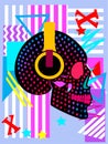Pop art graffiti halftone skull icons with headphones. Music background vector illustration blue