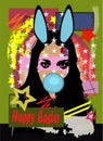 Sexy girl with bunny ears and chewing gum. Happy Easter post card green geen