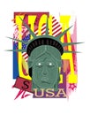 Statue Of Liberty With Skull Face And USA Flag, Pop Art Background, Vector. Blue