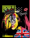 Queen, girl with crown and British flag background, lips and text graffiti