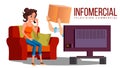 Infomercial, Shop On The Sofa, Woman Sitting On The Sofa In Front Of Tv And Delivery Hands Vector. Isolated Illustration Royalty Free Stock Photo