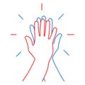 Informal greeting, two hands giving a high five, team result, friendly partners from the contour red and blue lines. Vector