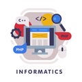 Informatics School Subject Icon, Education and Science Discipline with Related Elements Flat Style Vector Illustration