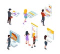 Information boards. People standing near advertizing tablo monitor screens event services info garish vector isometric