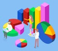 Information business statistics and digital indicator element, people near diagrams and pie charts