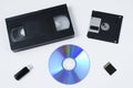 Information carriers. Flash drive, microchip, compact disk, floppy disks Royalty Free Stock Photo