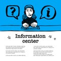 Information center concept. Call center, customer support, helpdesk or info service concept. Web banner with female