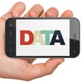 Information concept: Hand Holding Smartphone with Data on display Royalty Free Stock Photo