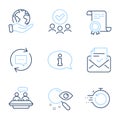 Information, Employees talk and Fast recovery icons set. Update comments, Approved mail and Search signs. Vector