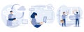 Information management concept. Backup server, cloud based engine, dashboard service, virtual machine application, key performance