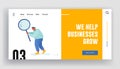 Information and Opportunity Research Website Landing Page. Business Man Character Holding Huge Magnifier Glass