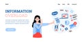Information overload banner with stressed woman, cartoon vector illustration.
