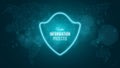 Information is protected. Blue glowing neon shield. Neon banner. The system is protected. Sci-fi and hi-tech. World map. Vector Royalty Free Stock Photo