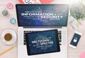 Information security concept with Meltdown and Spectre threat on laptop tablet and smartphone screens Royalty Free Stock Photo