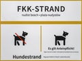 Information sign about a nudist beach and a dog beach in English, German and Polish. Royalty Free Stock Photo