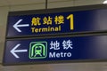 Information signage for Terminal 1 and metro inside the Shanghai Pudong Airport, China Royalty Free Stock Photo