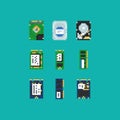 Information technology pixel art icons set. Robot arm. Brain and cerebrum. Artificial intelligence data micro circuit