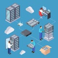 Information technology server engineer 3D vector concept. Isometric servers, cloud storage, computer equipment