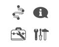 Information, Tool case and Timeline icons. Spanner tool sign. Info center, Repair service, Journey path. Vector