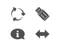 Information, Usb flash and Recycling icons. Sync sign. Info center, Memory stick, Reduce waste. Synchronize.