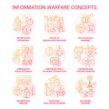 Information warfare red gradient concept icons set