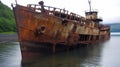 A rusted shipwreck ship on the seashore