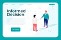 Informed decision web design page template, two isometric people shake hands and make an informed decision