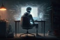 Infosec, illusion, quest, hacker, 4k, man sitting at the computer Royalty Free Stock Photo