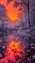 Infrared Forest Reflected in River at Vibrant Red Sunset Royalty Free Stock Photo
