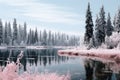 an infrared image of a lake surrounded by trees Royalty Free Stock Photo