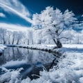 an infrared image of snow covered trees and a river Royalty Free Stock Photo