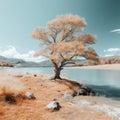 an infrared image of a tree on the shore of a lake Royalty Free Stock Photo
