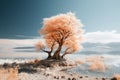 an infrared image of a tree on the shore of a lake