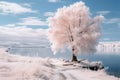 an infrared image of a tree on the shore of a lake