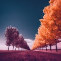 an infrared image of trees with orange leaves