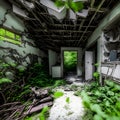 an infrared-modded camera captures interior of the abandoned overgrown and furniture inside the house Royalty Free Stock Photo