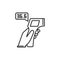 Infrared thermometer measures temperature black line icon. Safe travel. Pictogram for web, mobile app, promo. UI UX design element