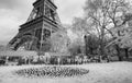 Infrared view of Eiffel Tower from Champs de Mars park, Paris