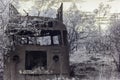 Front view of an abandoned, rusted tour bus in a forest, capture in infrared