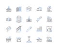 Infrastructure construction line icons collection. Foundation, Highway, Bridge, Roadwork, Pipeline, Utilities, Railway