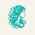 Woman Headshot with Curly Hair and Floral Elements: Vector Logo Design for Women\'s Fashion Clothing Royalty Free Stock Photo