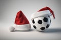 Santa hat on top of a soccer ball, christmas wallpaper, sports store banner Royalty Free Stock Photo