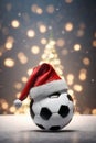 Santa hat on top of a soccer ball, christmas wallpaper, sports store banner Royalty Free Stock Photo